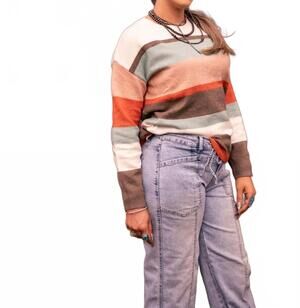 NEW 1 THE WOMAN striped color block knit drop shoulder sweater in multi